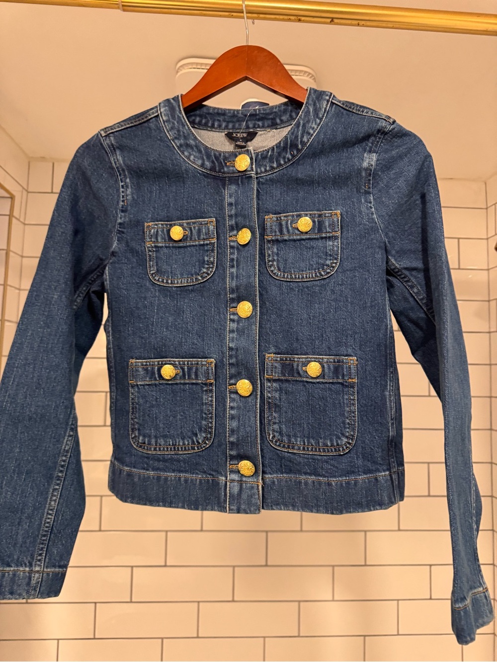 J. Crew cropped Blue Denim patch pocket lady Jacket with Gold Buttons NWT Size 0